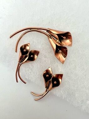 Vintage Stuart Nye Copper Double Calla Lily Brooch & Earrings Set Signed MCM